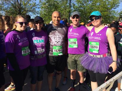 In the starting corral, a fellow runner named Cesar (center) noticed our purple TNT jerseys. He came up and said, "Thanks for all you guys do. I'm a three-year survivor." This is what we run for, folks!